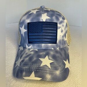 Women’s Ball Cap. Has Blue Flag Patch And Star Print. NWOT